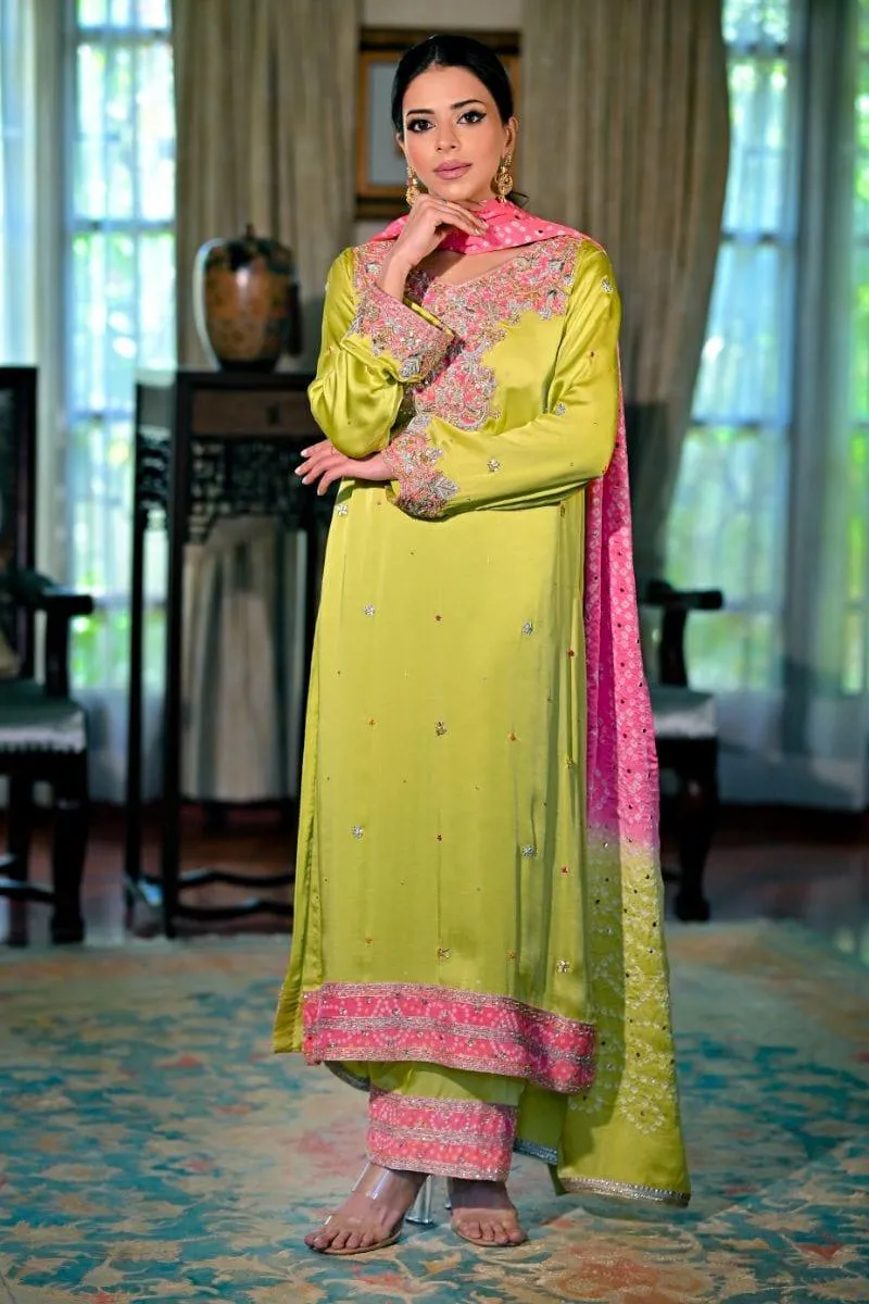 Khayal BY SHAISTA HASSAN - Lime green shamoos silk shirt and Izaar with Dupatta - 3 Piece