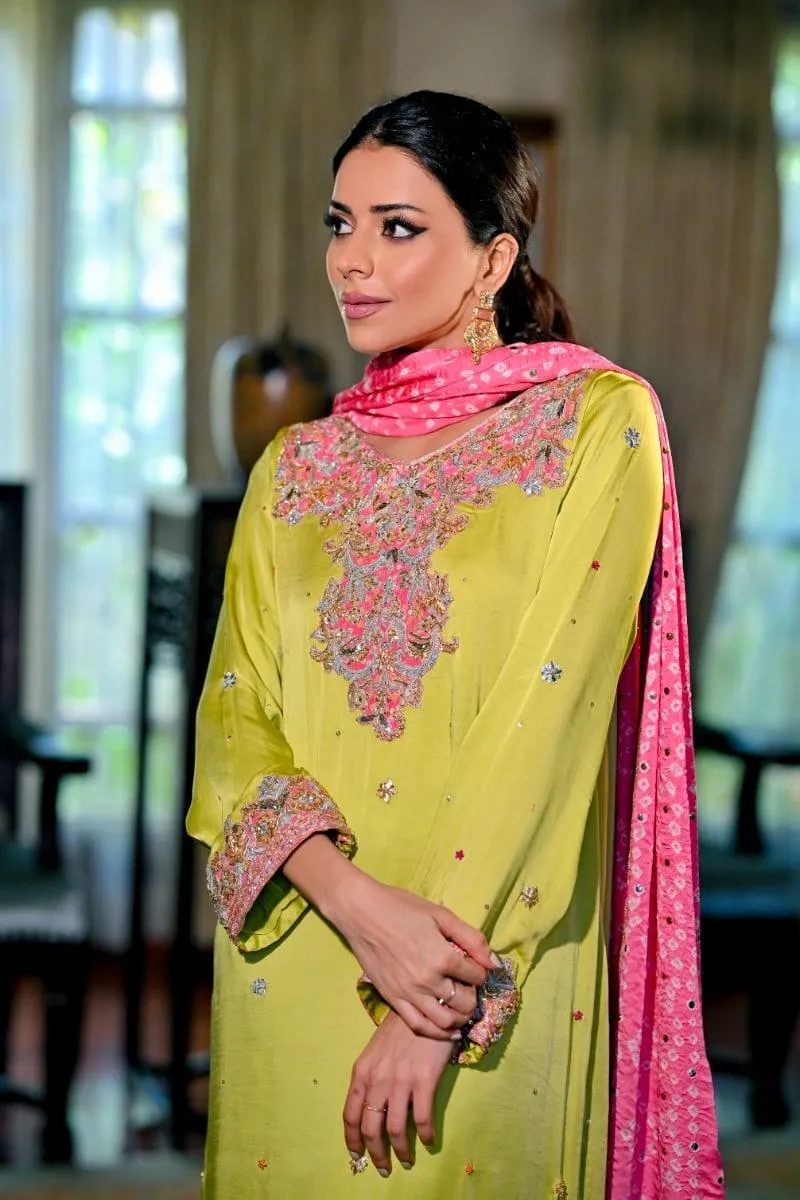 Khayal BY SHAISTA HASSAN - Lime green shamoos silk shirt and Izaar with Dupatta - 3 Piece