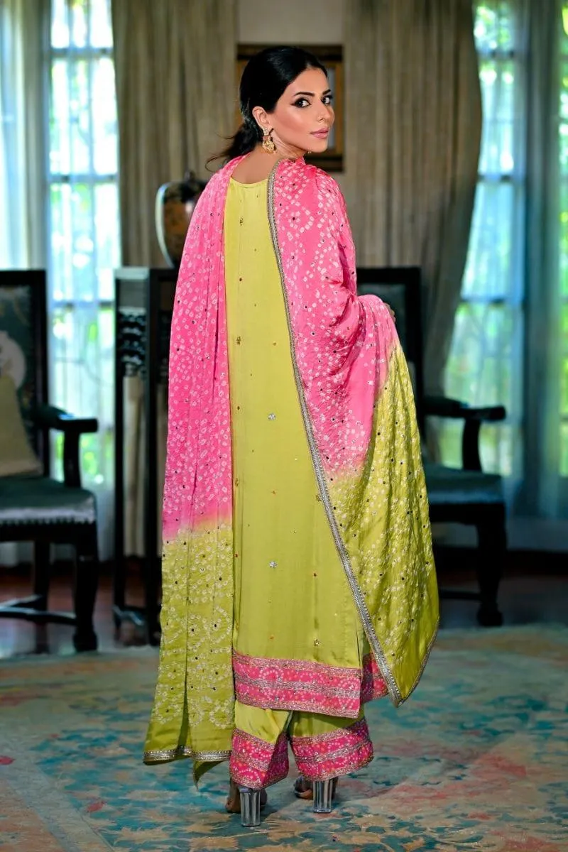 Khayal BY SHAISTA HASSAN - Lime green shamoos silk shirt and Izaar with Dupatta - 3 Piece