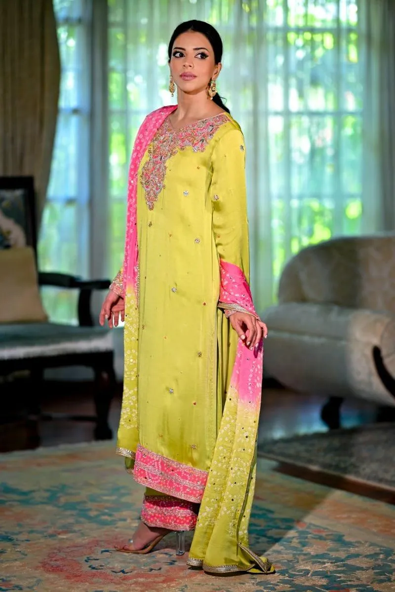 Khayal BY SHAISTA HASSAN - Lime green shamoos silk shirt and Izaar with Dupatta - 3 Piece