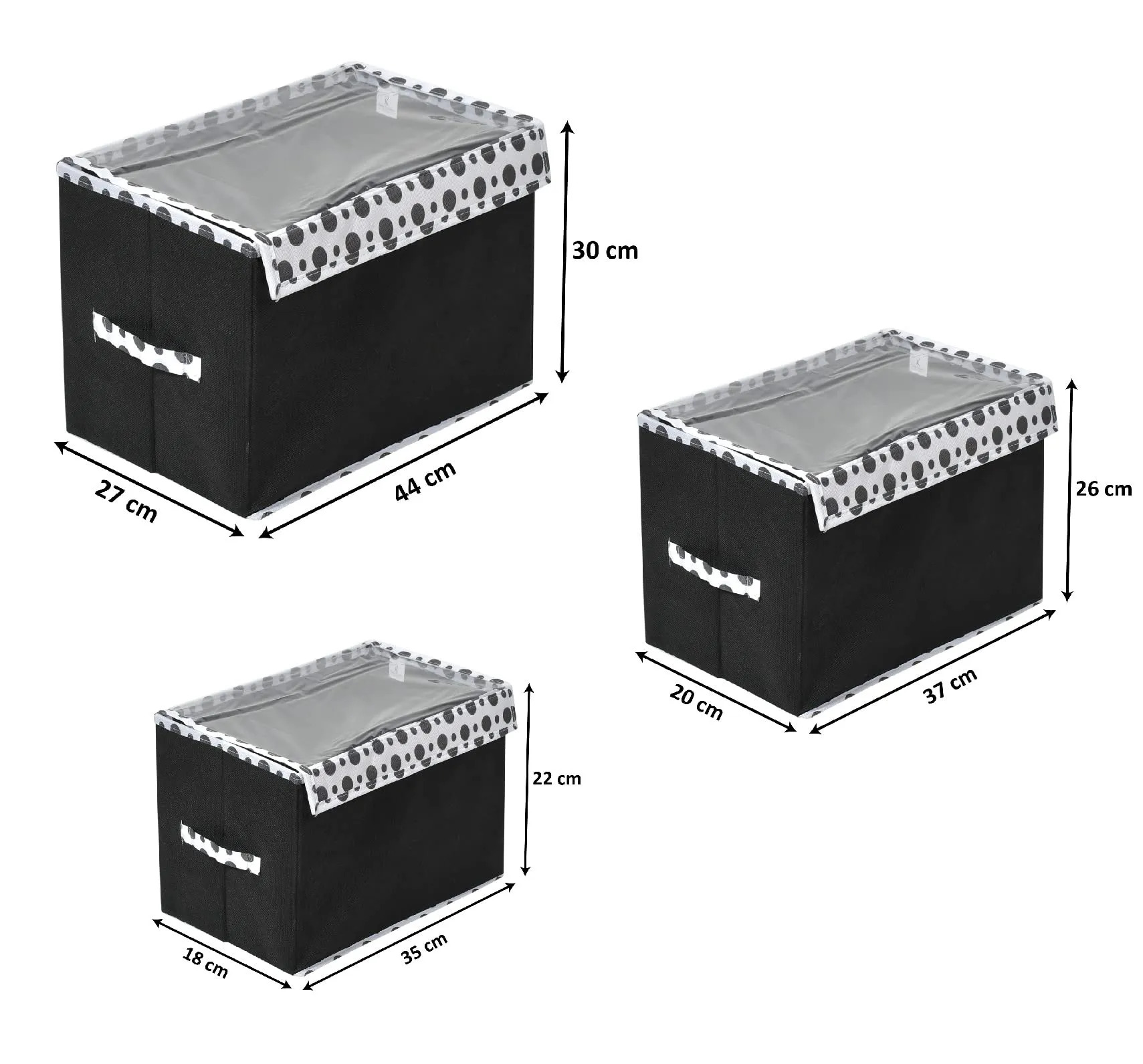 Kuber Industries Dot Printed Multiuses 3 Different Sizes Non-Woven Storage Box/Organizer With Tranasparent Lid- Set of 3 (Black) -44KM0427