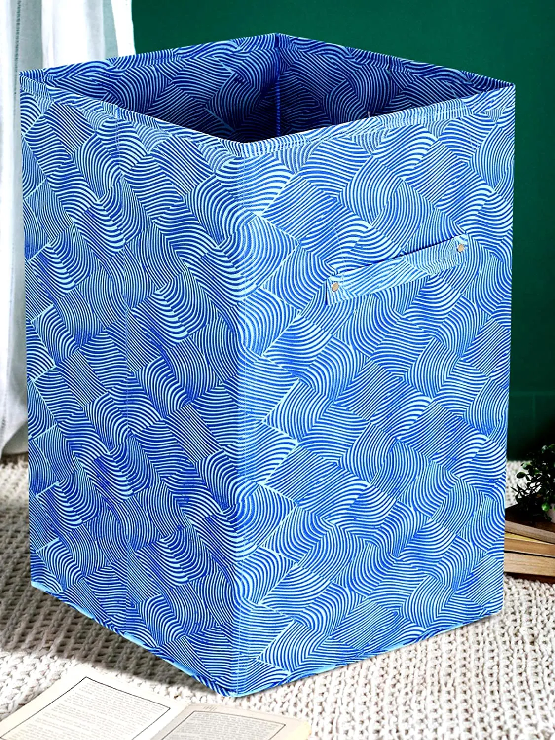 Kuber Industries Lehariya Printed Non-Woven Foldable Large Laundry basket/Hamper With Handles (Blue)-HS43KUBMART25864