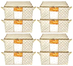 Kuber Industries Metalic Checkered Print Foldable Clothes Storage Bag Wardrobe Organizer Non Woven Fabric for Comforters,Blankets,Bedding with Sturdy Zipper,Clear Window (Set of 8,Ivory)-KUBMART16592