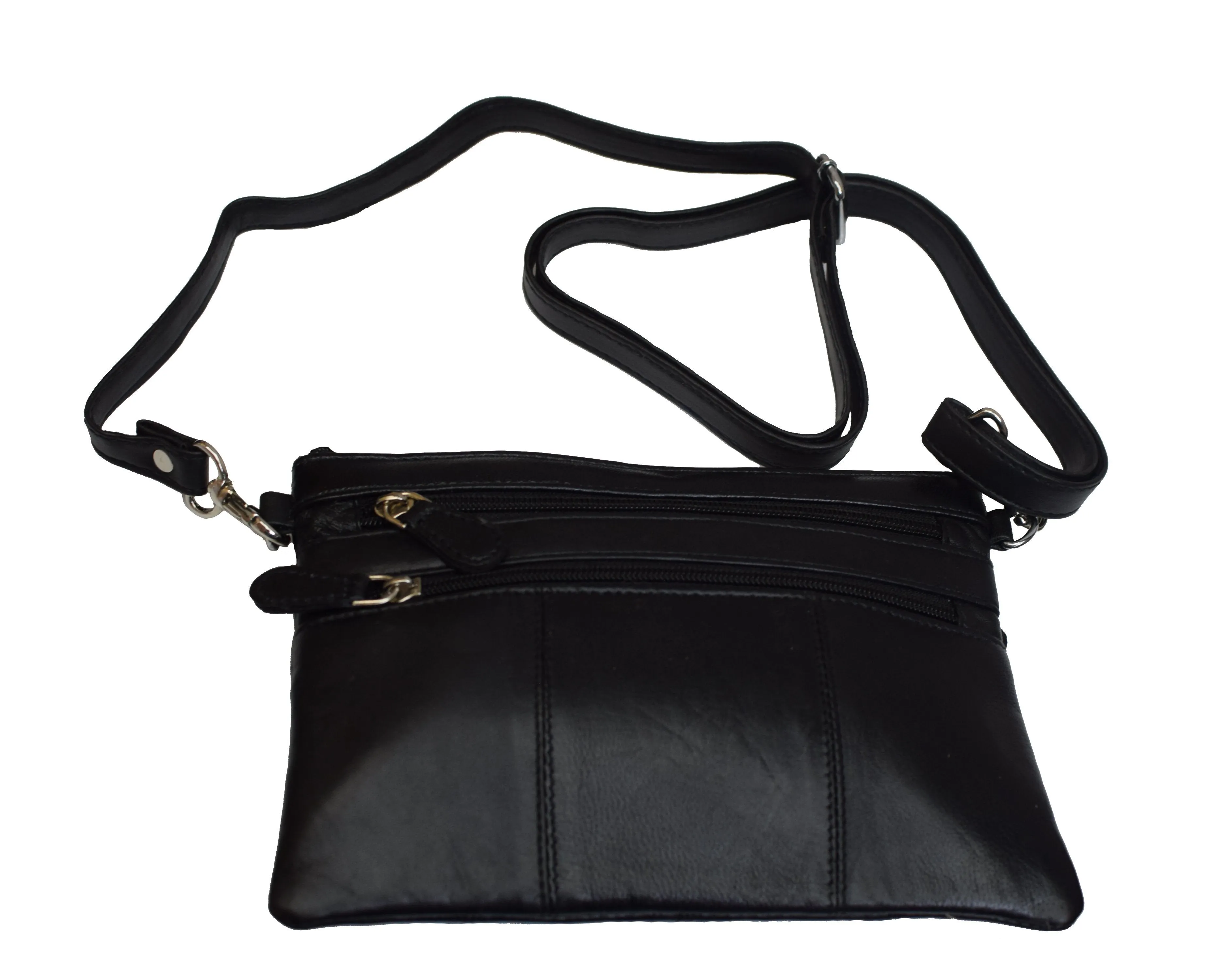 Ladies Black Genuine Leather Small Crossbody & Shoulder Bag with 4 Zipper Pockets Womens 804BK