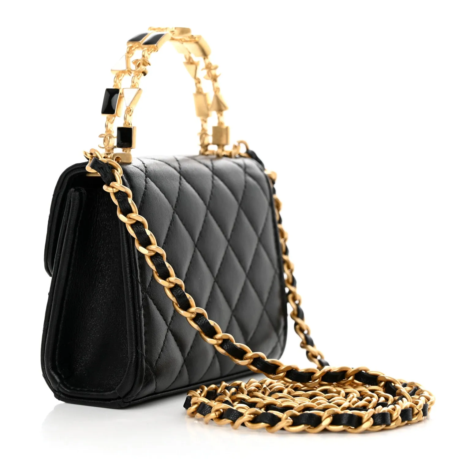 Lambskin Enamel Quilted Mini Top Handle Flap Black