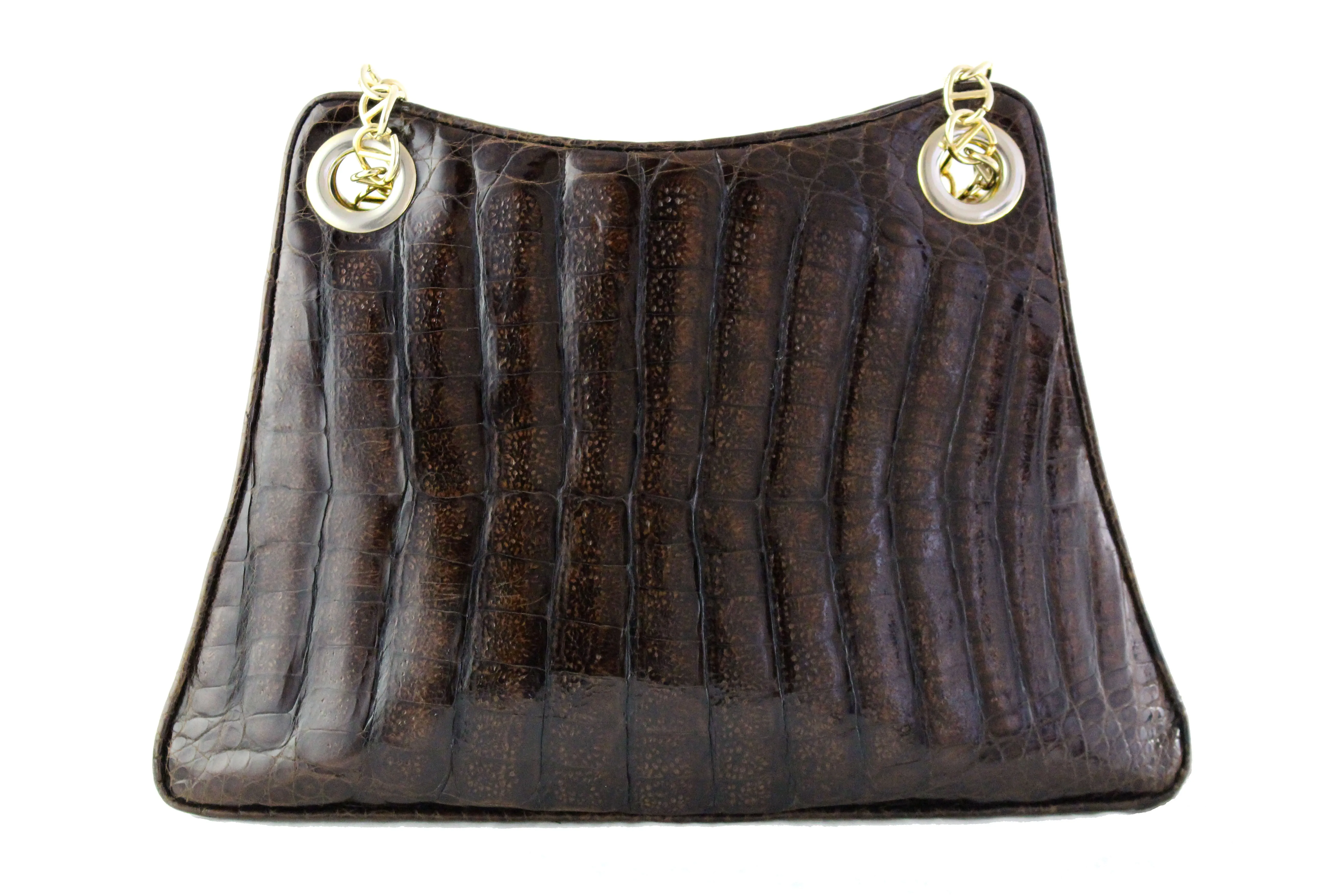 Large brown crocodile skin handbag with chain handle