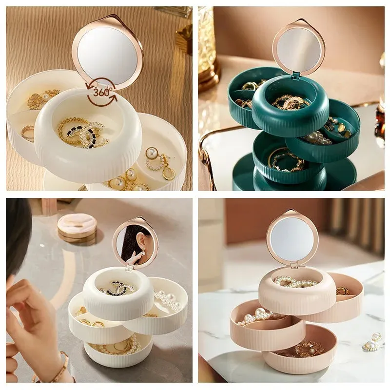 Light Luxury 4 Layers Rotary Jewelry Storage Box with 360 Degree Rotationable Small Mirror Necklace Earring Desk Sorting Box