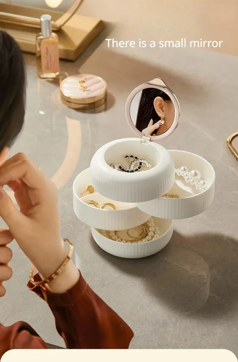 Light Luxury 4 Layers Rotary Jewelry Storage Box with 360 Degree Rotationable Small Mirror Necklace Earring Desk Sorting Box