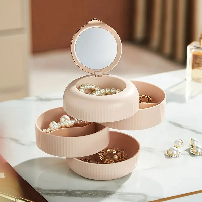 Light Luxury 4 Layers Rotary Jewelry Storage Box with 360 Degree Rotationable Small Mirror Necklace Earring Desk Sorting Box