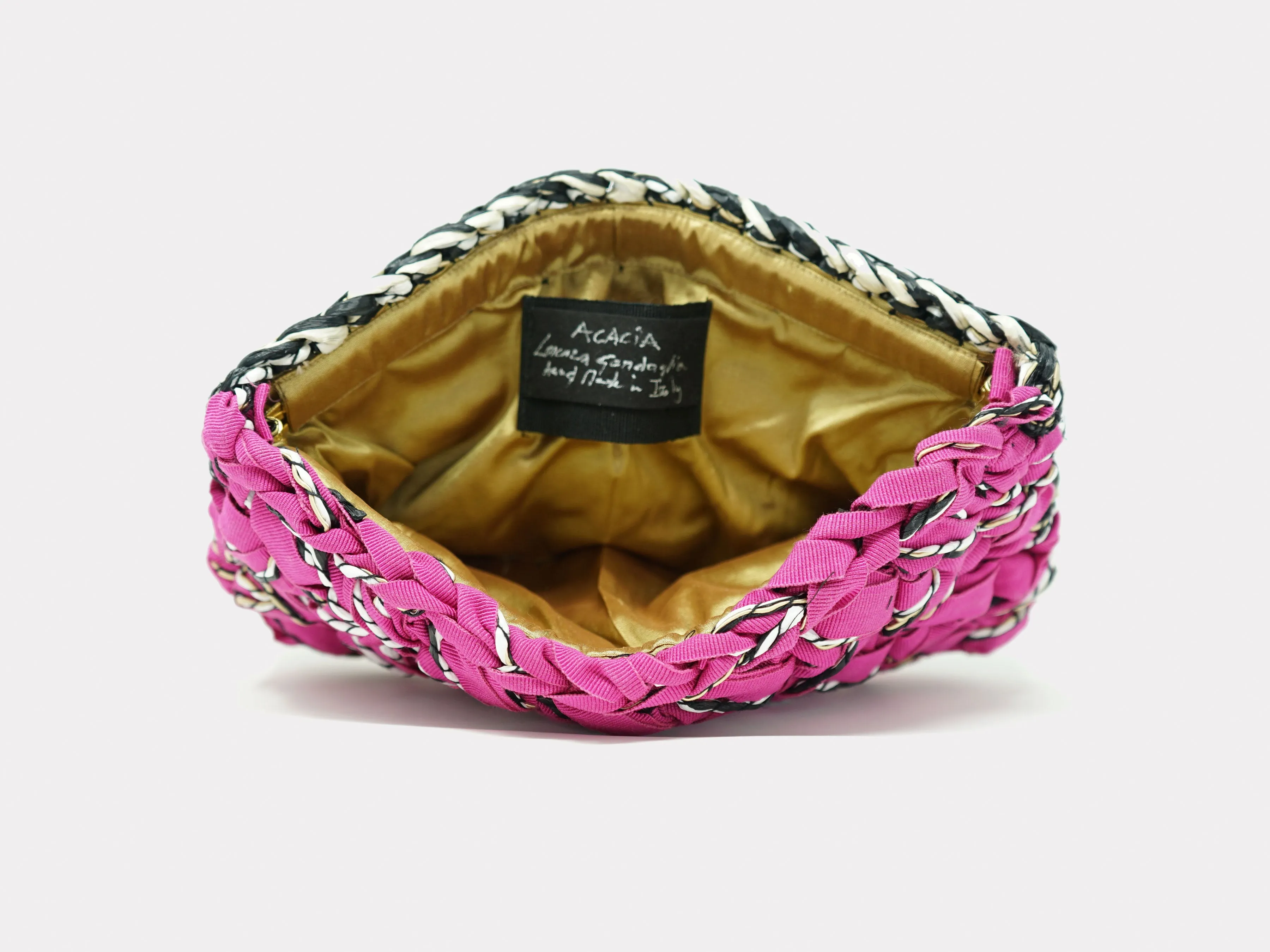 Lorenza Gandaglia Grosgrain Raffia Clutch Pink