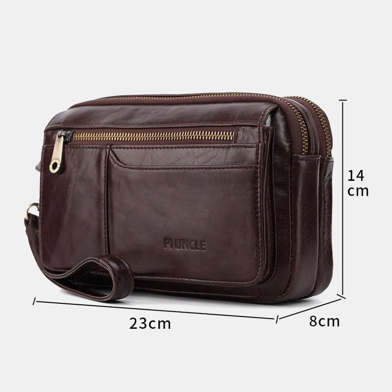 Men Genuine Leather Large Capacity 6.5 Inch Phone Bag Waterproof Double Layer Zipper Pockeet Clutch Bags