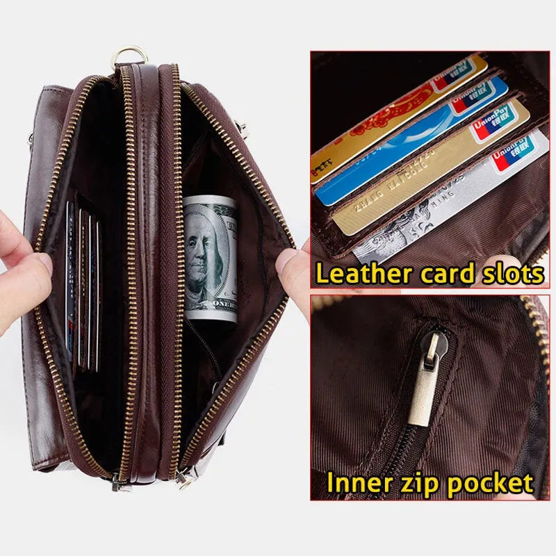 Men Genuine Leather Large Capacity 6.5 Inch Phone Bag Waterproof Double Layer Zipper Pockeet Clutch Bags