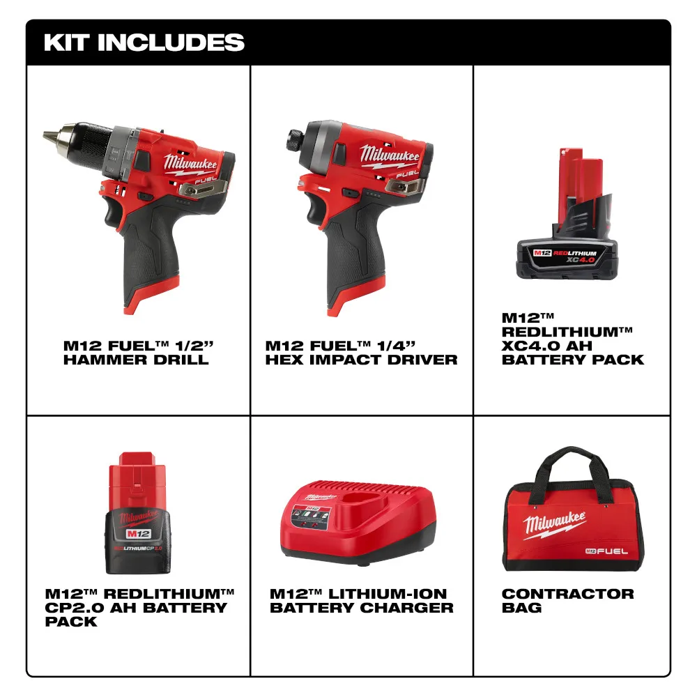 Milwaukee M12 Fuel 2-Tool Combo Kit - 1/2" Hammer Drill And 1/4" Hex Impact Driver