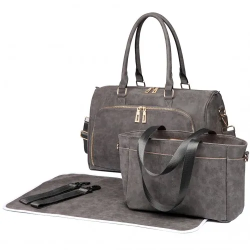 Miss Lulu Leather Look Maternity Changing Shoulder Bag Grey - Stylish & Practical Baby Bag