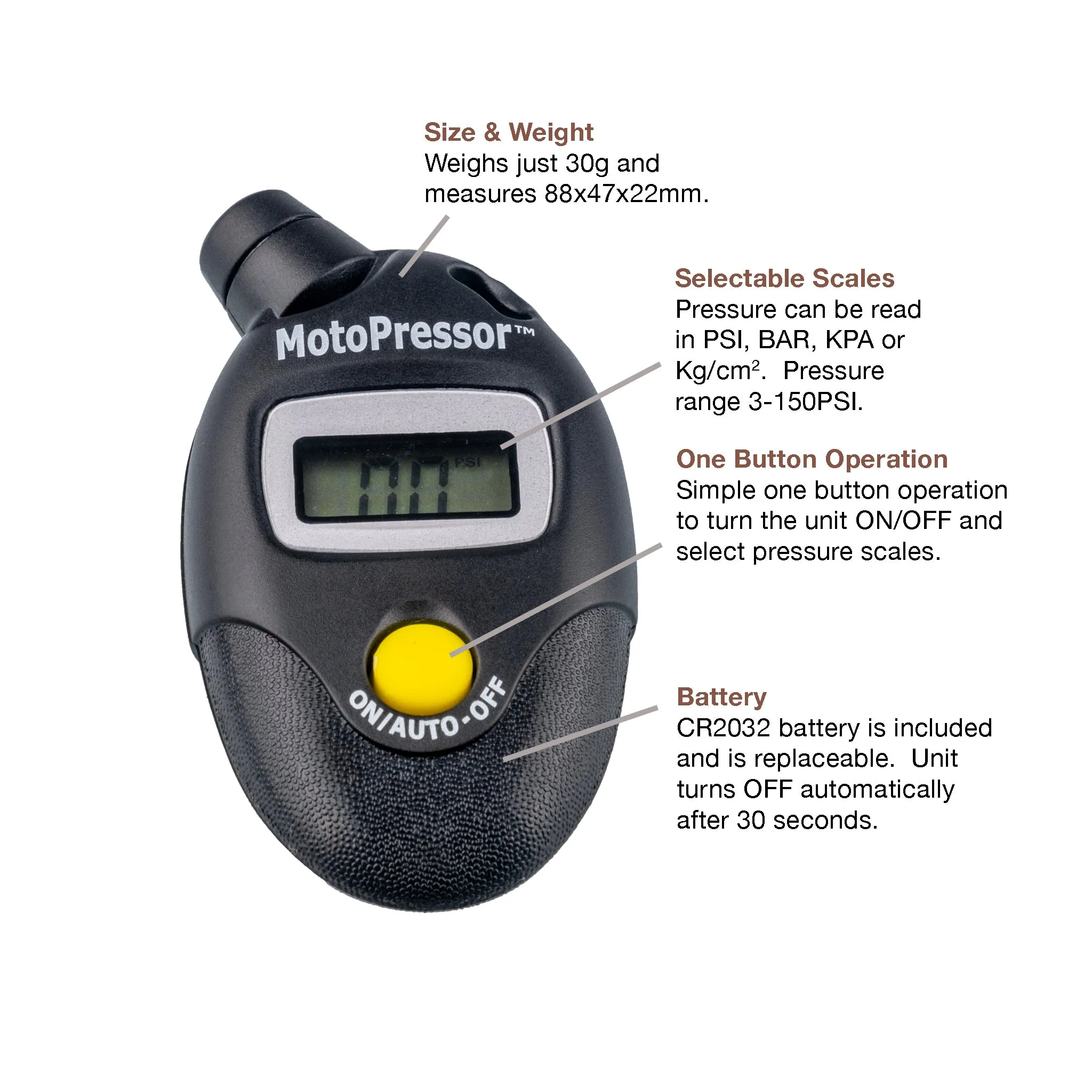 MotoPressor Pocket Pump V2 Combo with Puncture Repair Tool and Digital Tyre Gauge