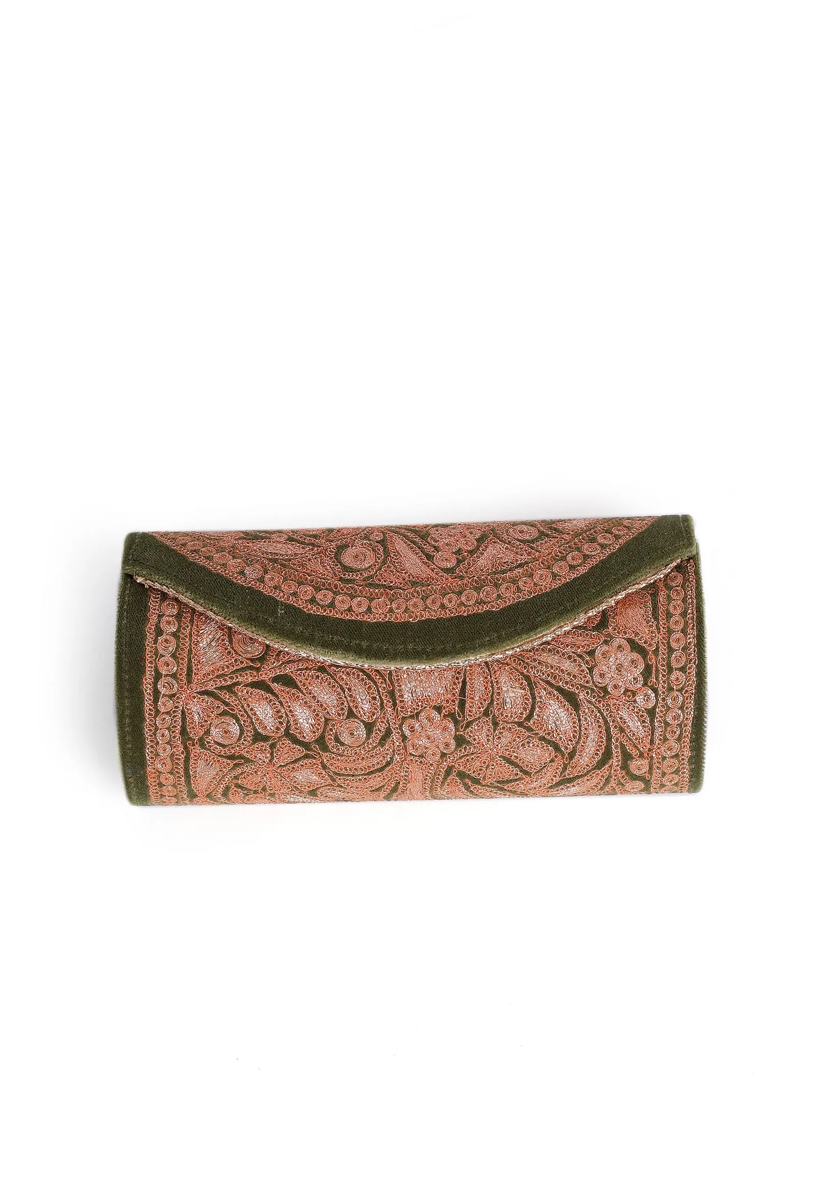 Olive Green Velvet Silver Embroidered Clutch