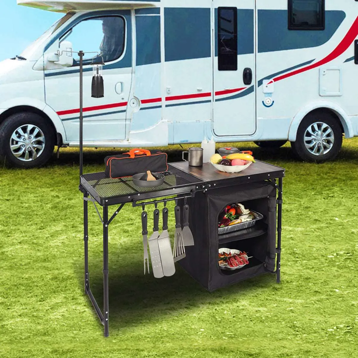 Portable Camping Kitchen Table with Storage Organizer for Outdoor