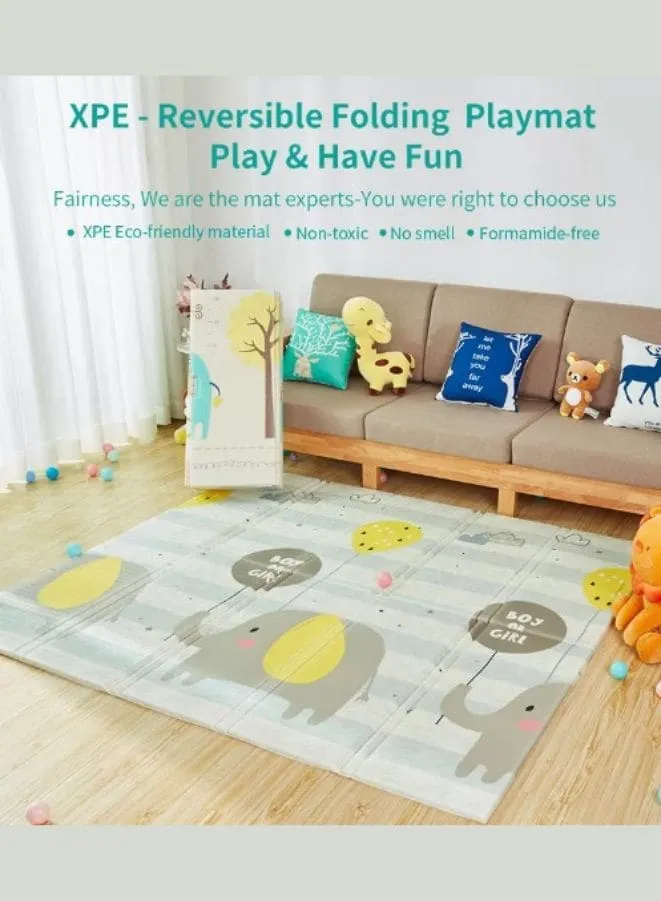 Reversible Foldable Play Mat, Waterproof, Non-toxic, Double-Sided (200x180x1.0cm) with Charming Animal Design