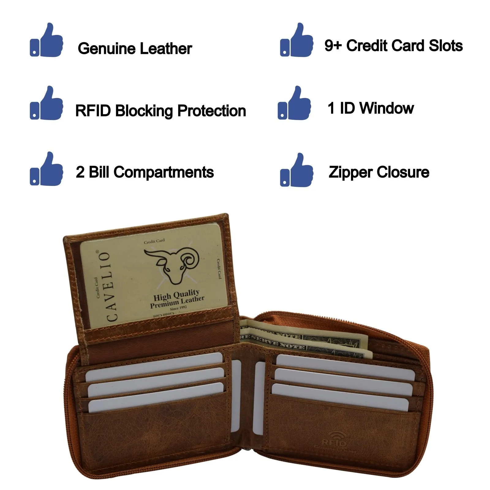 RFID Blocking Men's Zipper Genuine Leather Zip-Around ID Bifold Wallet USA Series RFID1256HU