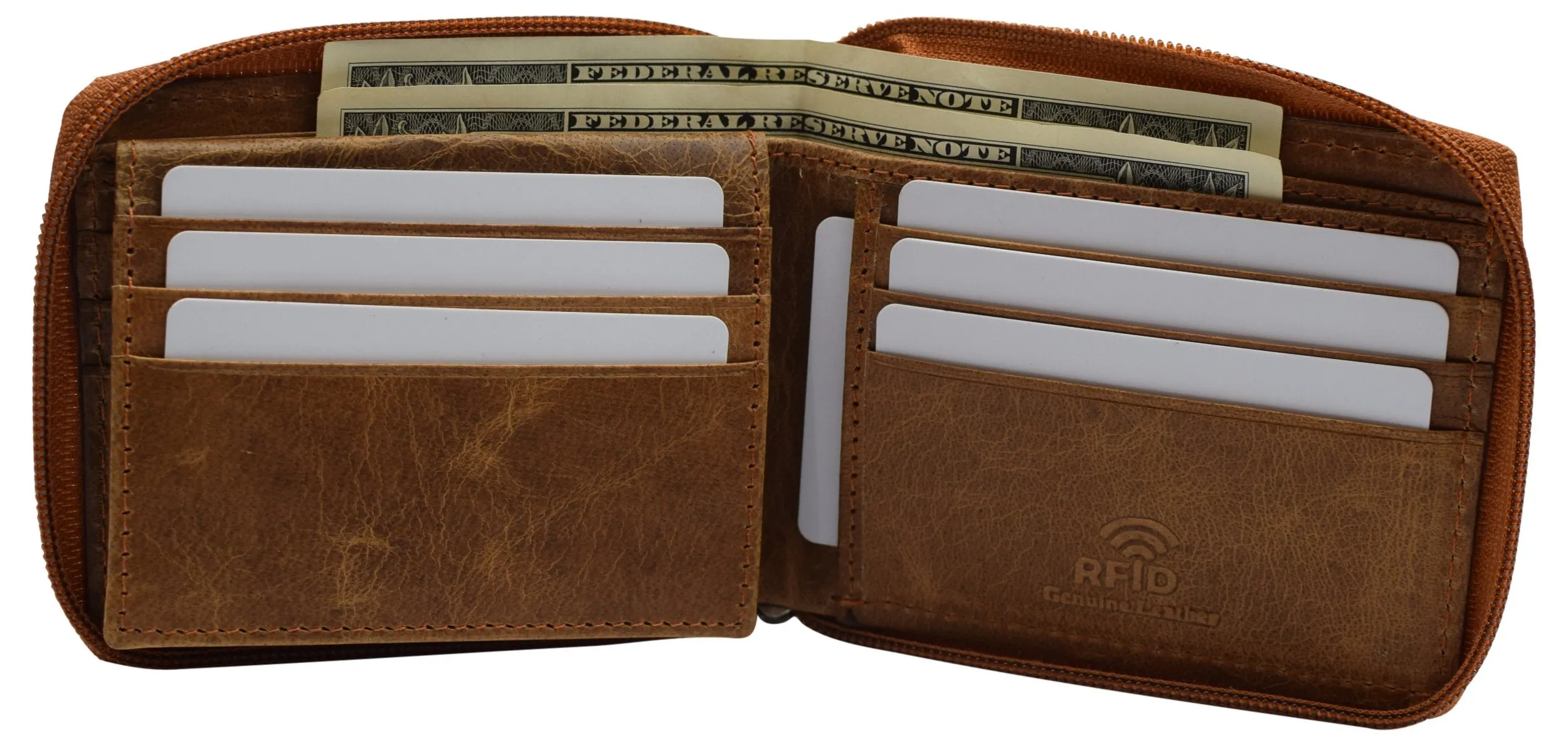 RFID Blocking Men's Zipper Genuine Leather Zip-Around ID Bifold Wallet USA Series RFID1256HU