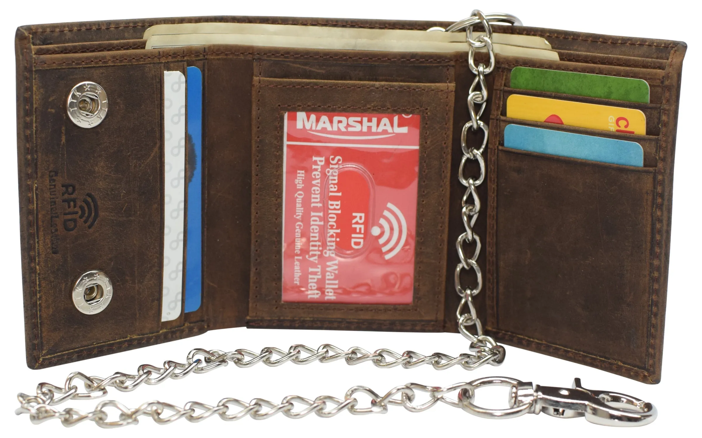 RFID946-51 RFID Blocking Men's Tri-fold Leather Biker Silver Chain Wallet With Snap Closure