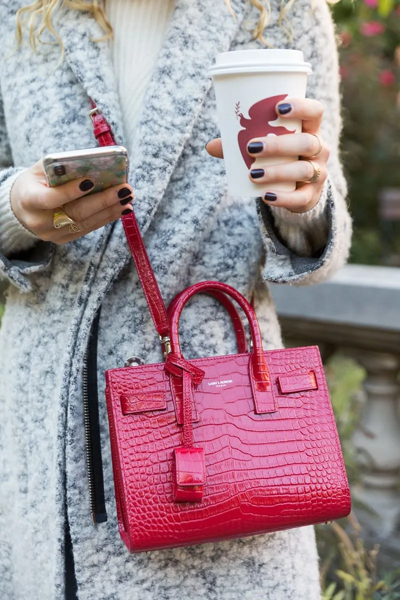 Saint Laurent Croc Effect Embossed Sac De Jour Baby Red Bag