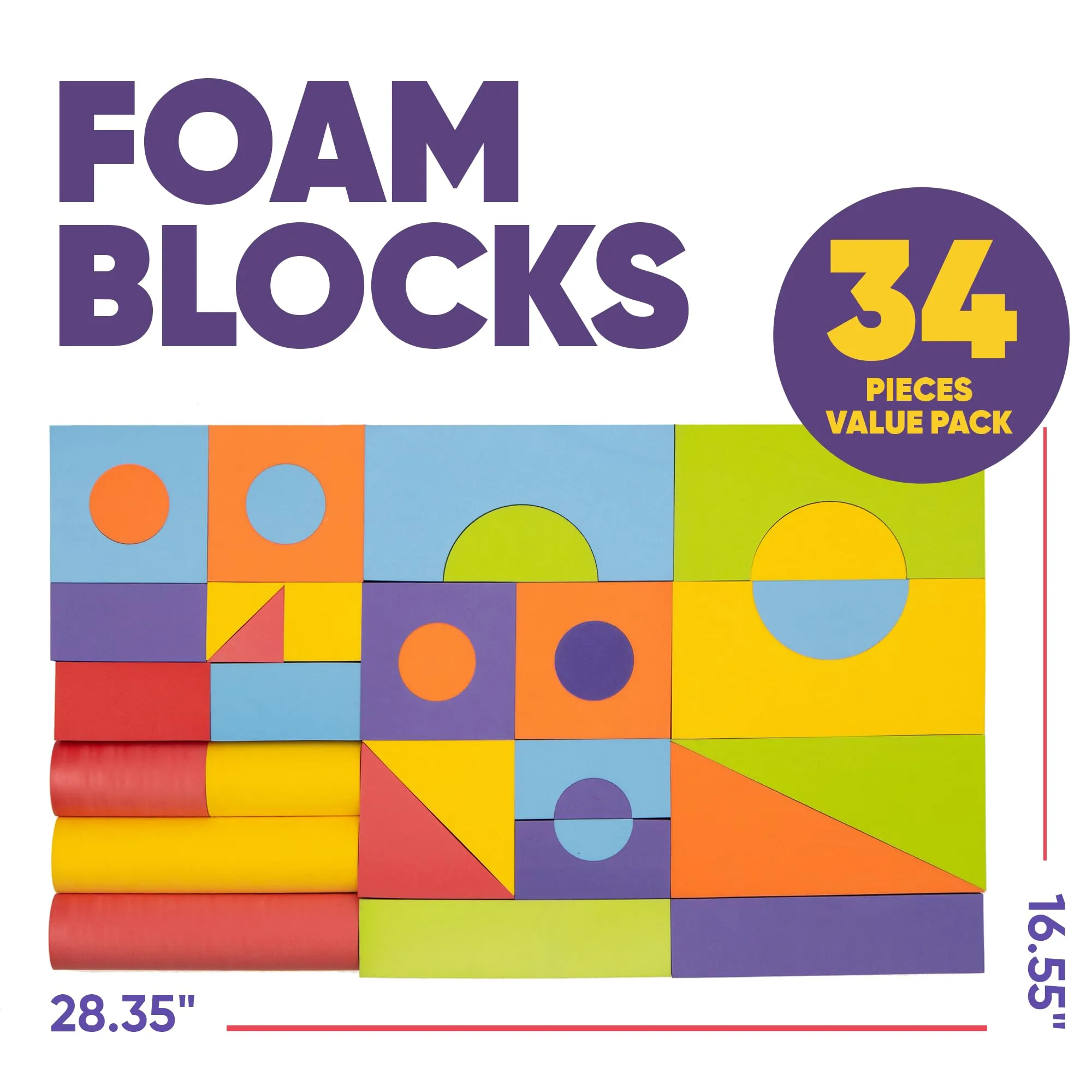 Set of 34 Jumbo Large Foam Blocks for Toddlers - Stacking Soft Blocks for Kids with Shapes & Colors Learning - Construction Building Preschool Toys - Giant Foam Blocks for Daycare Toddlers 3-5 & Above