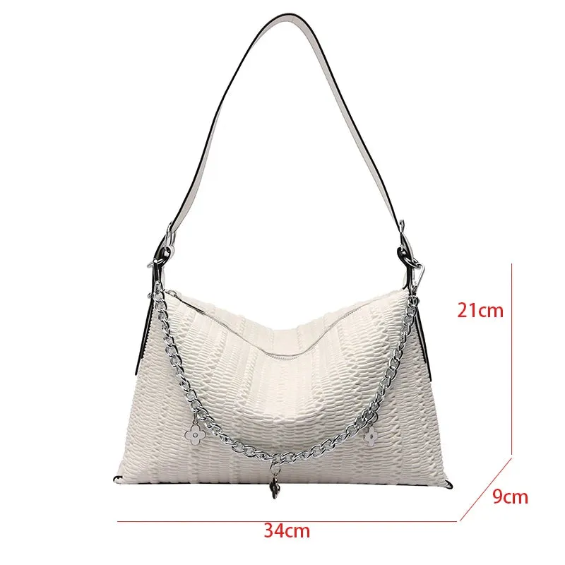 TAVIMART  -  Fashion Soft Leather Shoulder Underarm Bag For Women 2024 Designer Pleated Handbag Tote French Style Armpit Crossbody Bag Chain