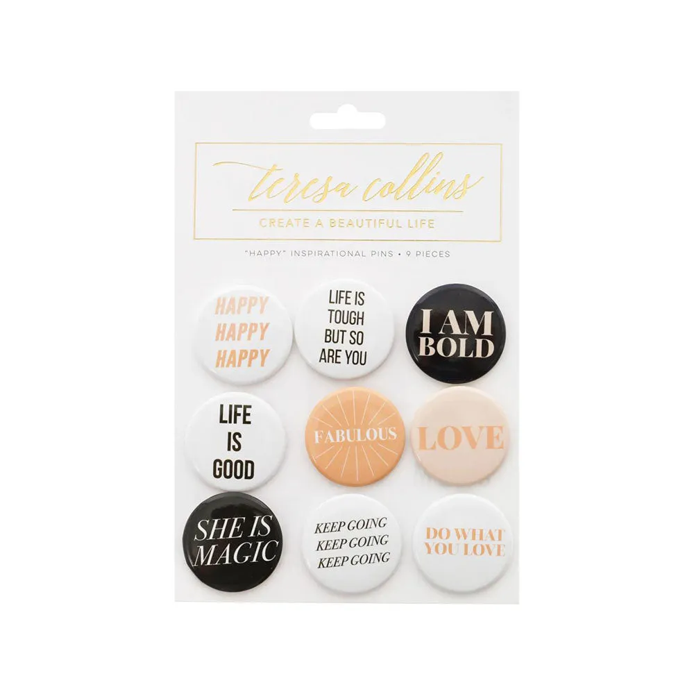 Teresa Collins Designer Inspirational Pin Set 9/Pkg - Happy*