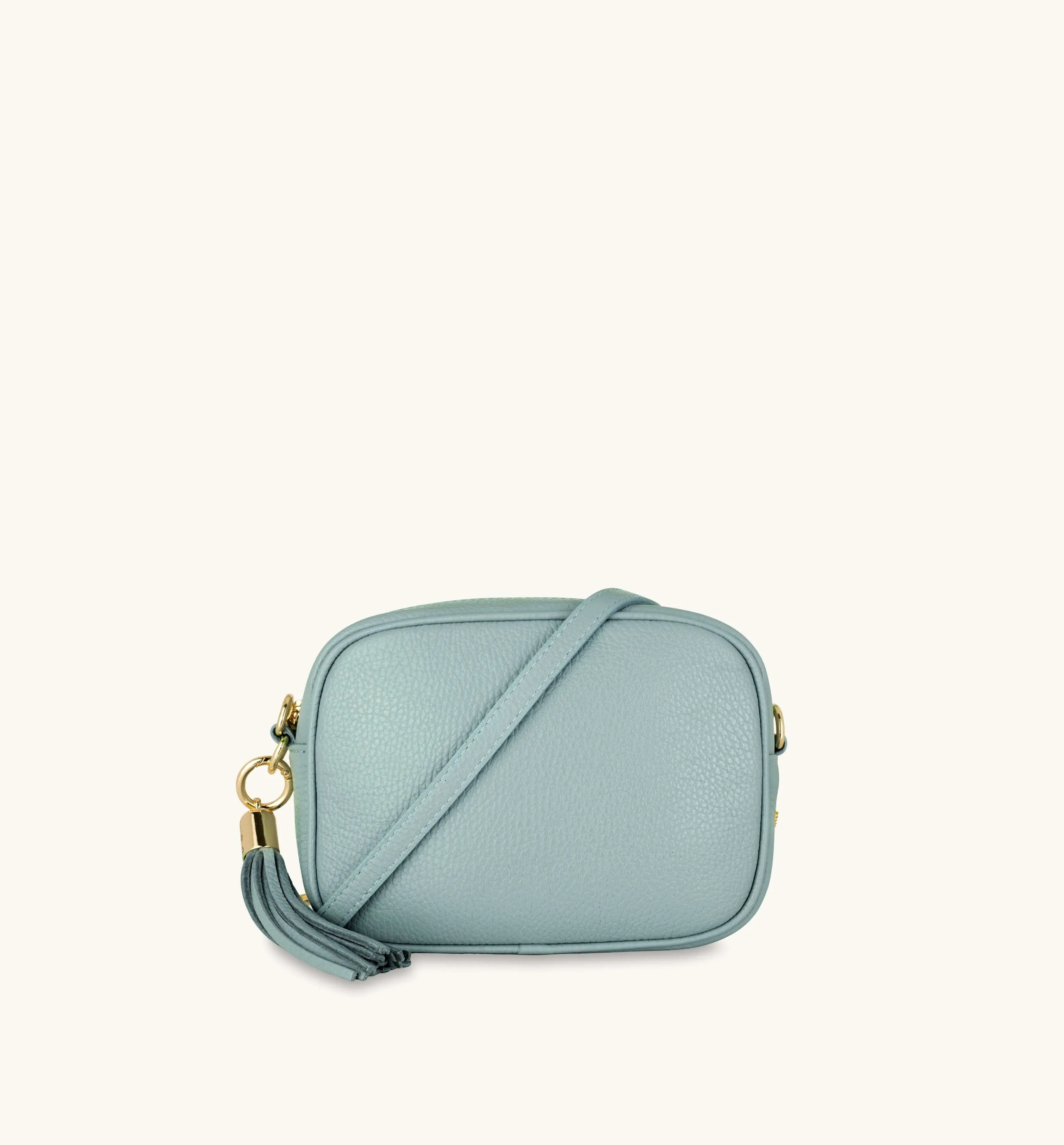 The Tassel Pale Blue Leather Crossbody Bag With Gold Chain Strap