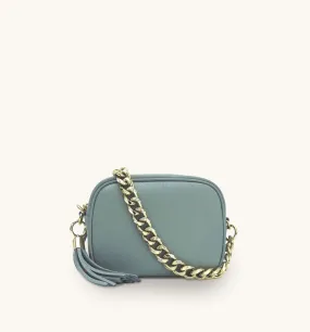 The Tassel Pale Blue Leather Crossbody Bag With Gold Chain Strap