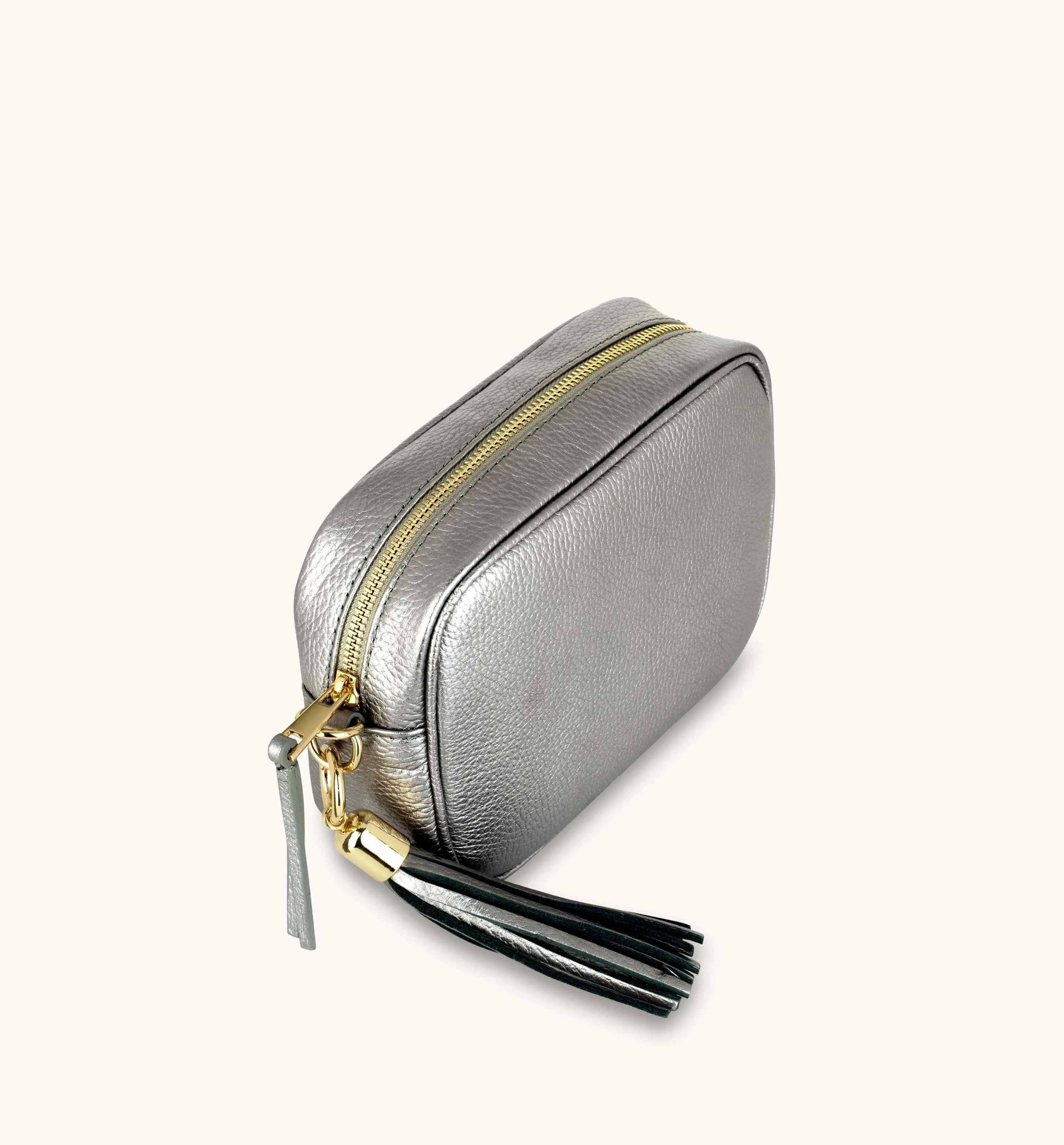 The Tassel Pewter Leather Crossbody Bag With Gold Chain Strap