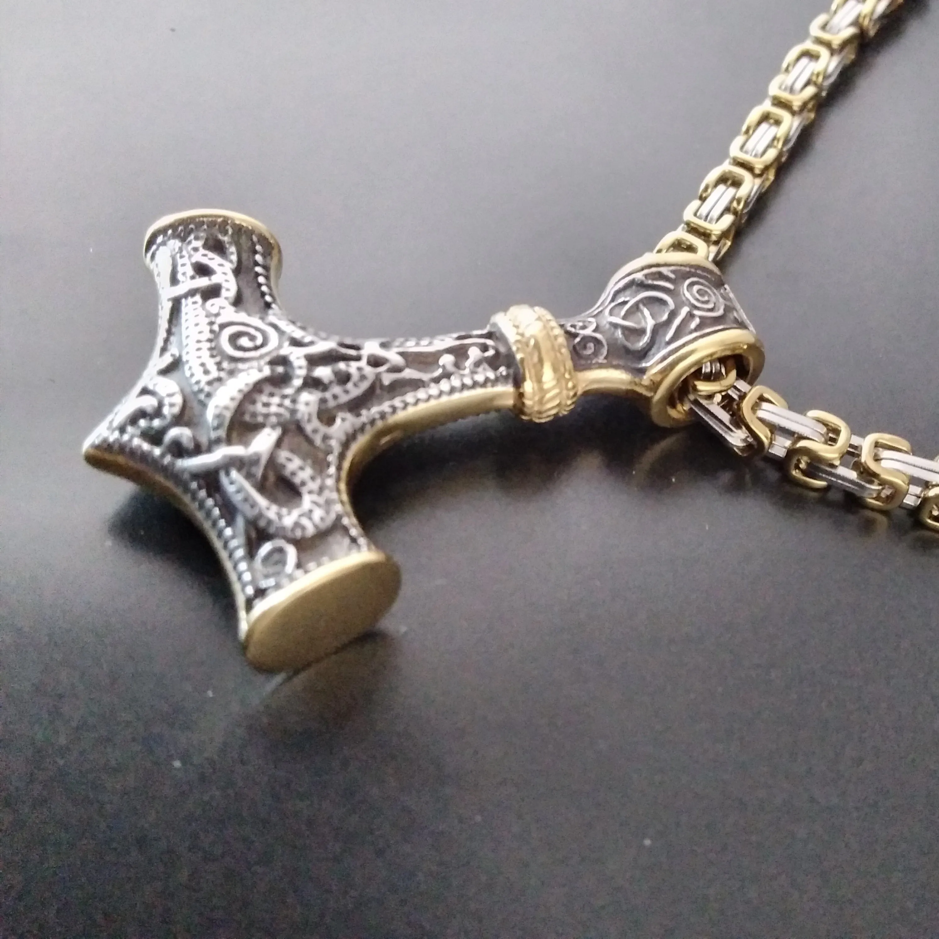 Thor's Hammer Necklace Gold Silver Byzantine Chain Norse Viking Style