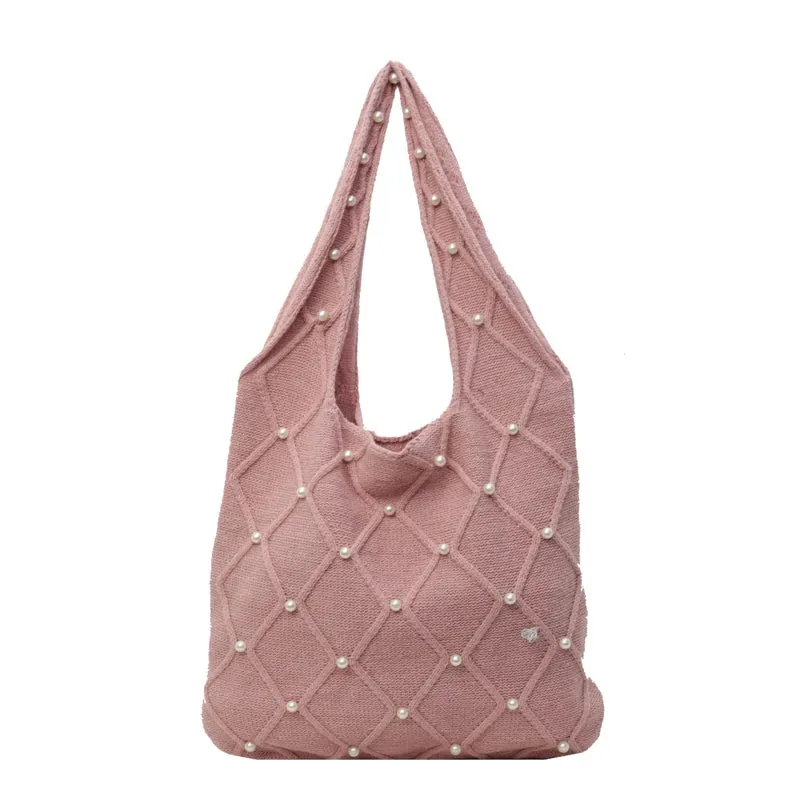 Uniwim Pearl Knitted Women's Bag Knit Eco Bag Korean Foldable Shopper Y2K Crochet Rope Shoulder Bag Sweet Knitting Handbag Ins Tote Bag