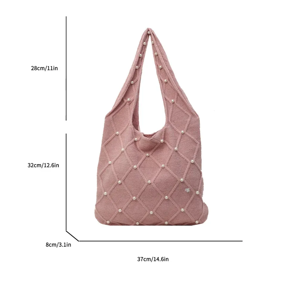 Uniwim Pearl Knitted Women's Bag Knit Eco Bag Korean Foldable Shopper Y2K Crochet Rope Shoulder Bag Sweet Knitting Handbag Ins Tote Bag