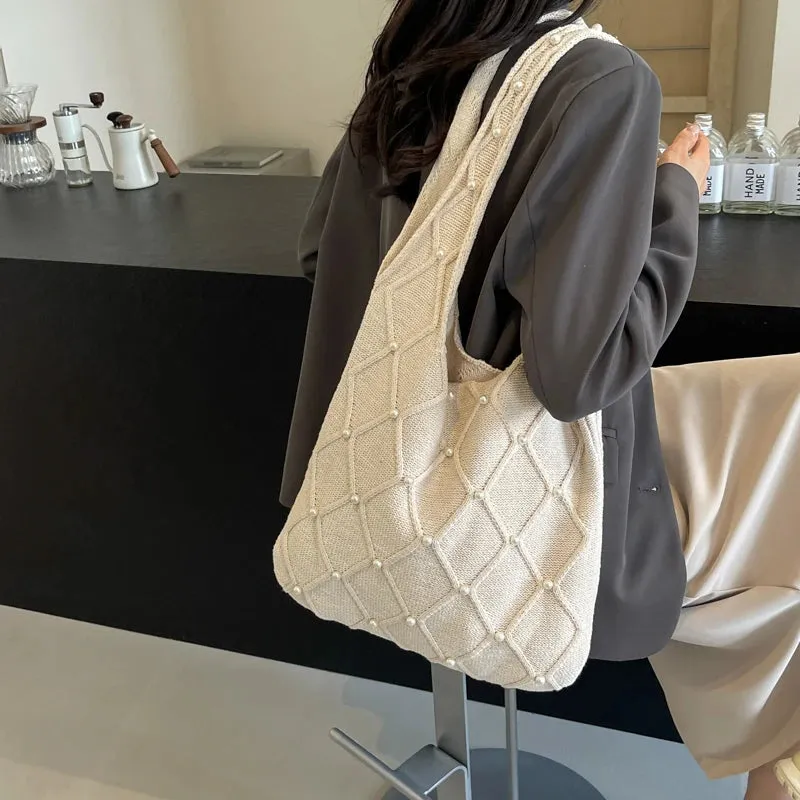 Uniwim Pearl Knitted Women's Bag Knit Eco Bag Korean Foldable Shopper Y2K Crochet Rope Shoulder Bag Sweet Knitting Handbag Ins Tote Bag