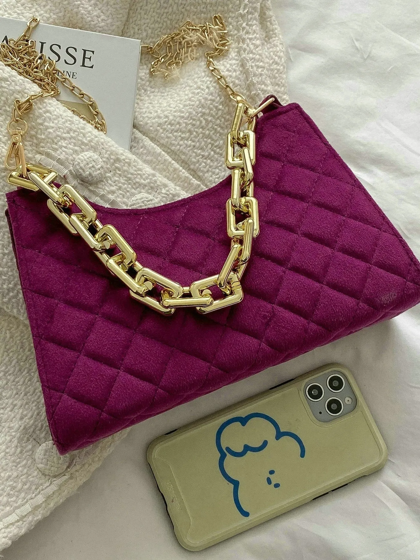 Velvet Quilted Chain Baguette Bag