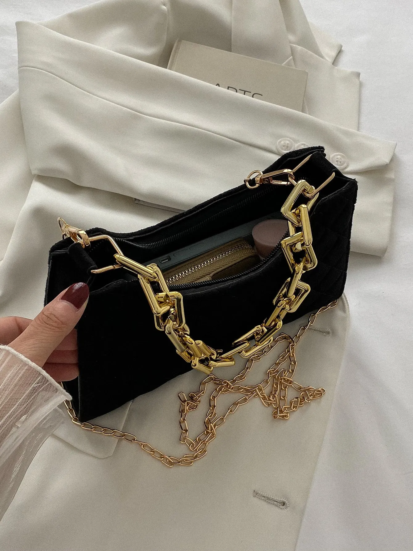 Velvet Quilted Chain Baguette Bag