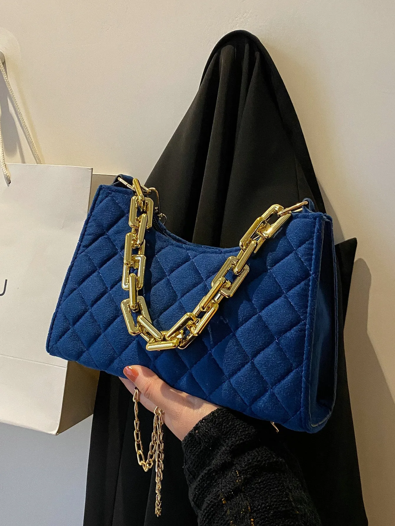 Velvet Quilted Chain Baguette Bag