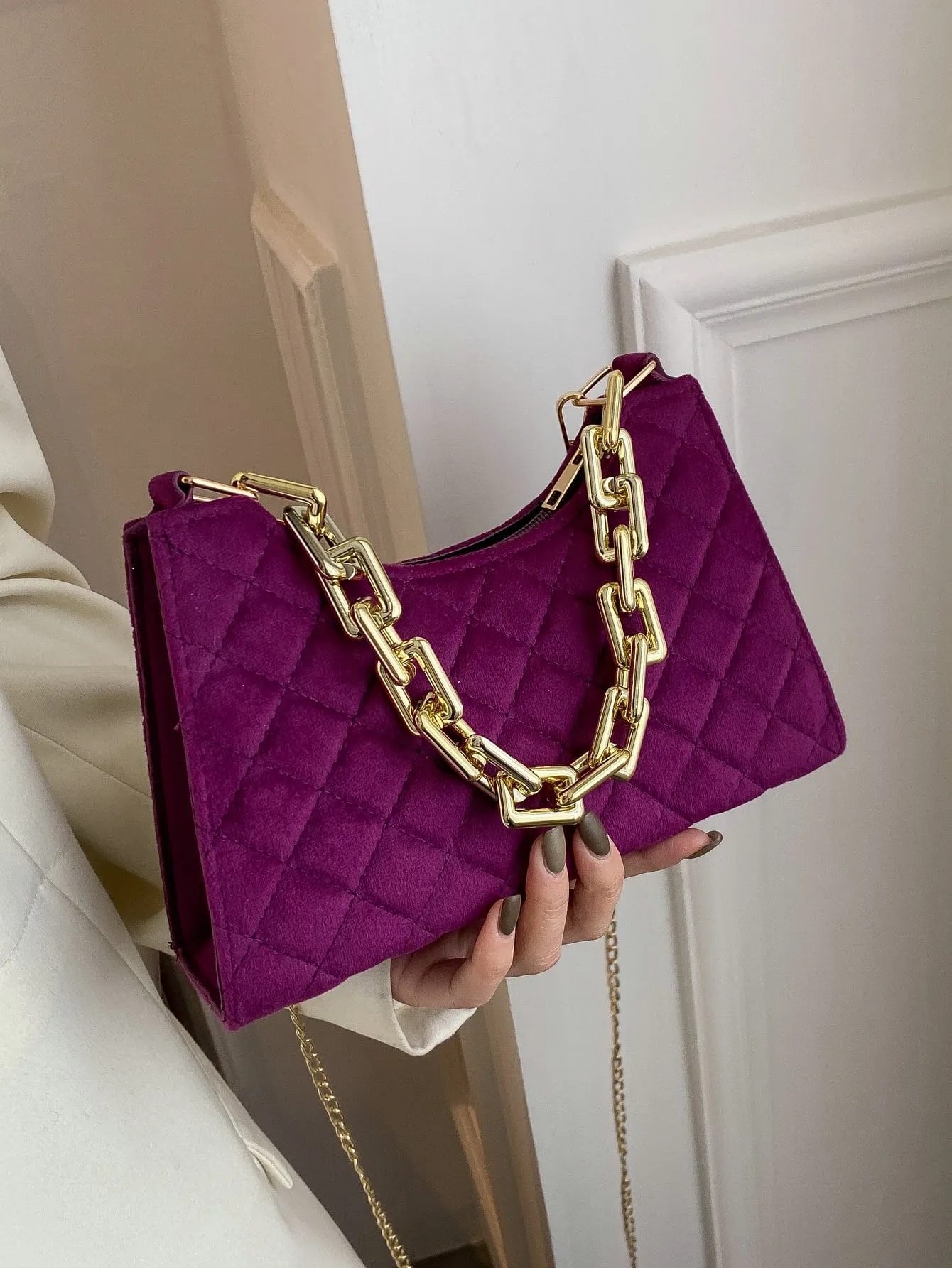 Velvet Quilted Chain Baguette Bag