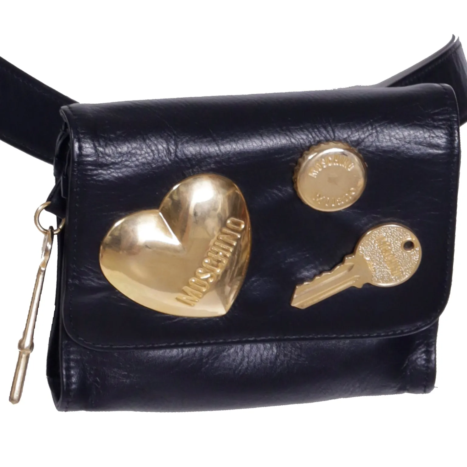 Vintage 1990s Moschino Black Belt Bag W Gold Keys Bottle Cap & Heart