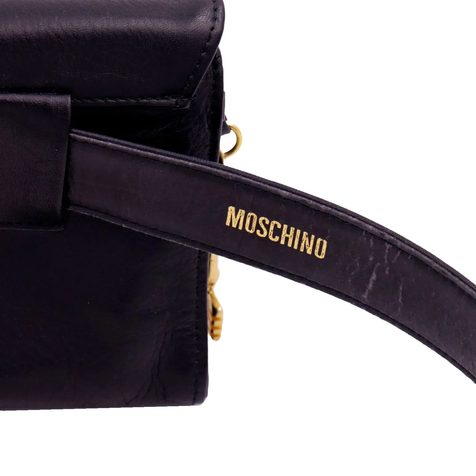 Vintage 1990s Moschino Black Belt Bag W Gold Keys Bottle Cap & Heart