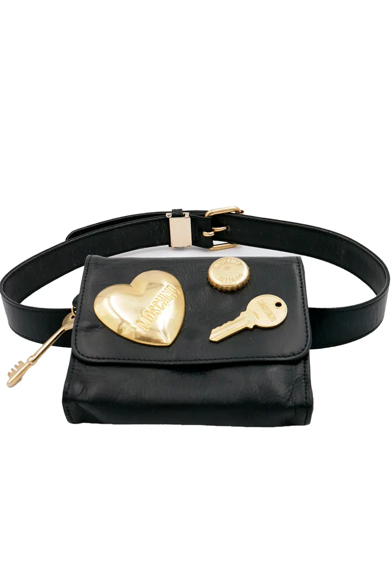 Vintage 1990s Moschino Black Belt Bag W Gold Keys Bottle Cap & Heart