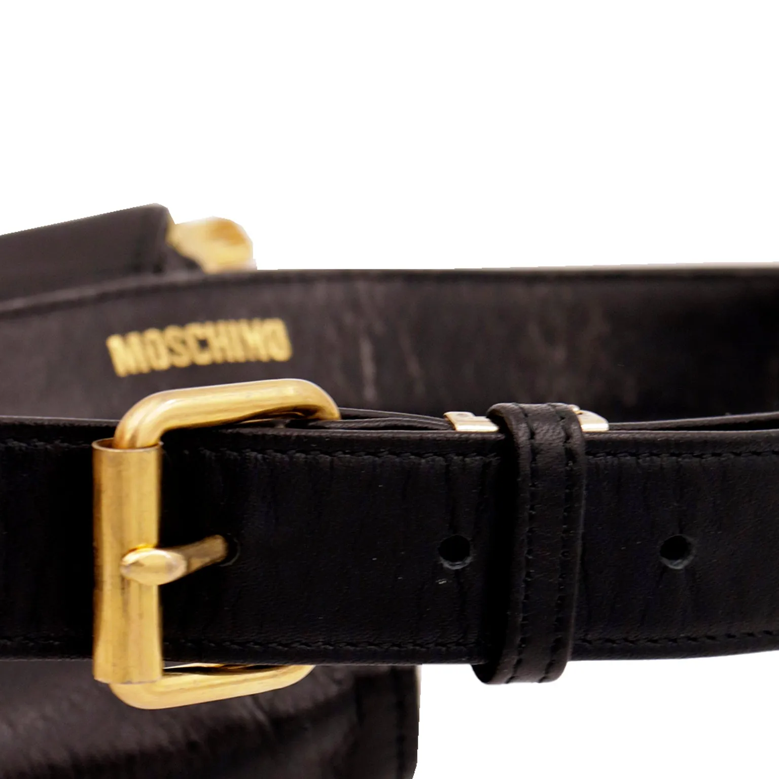 Vintage 1990s Moschino Black Belt Bag W Gold Keys Bottle Cap & Heart