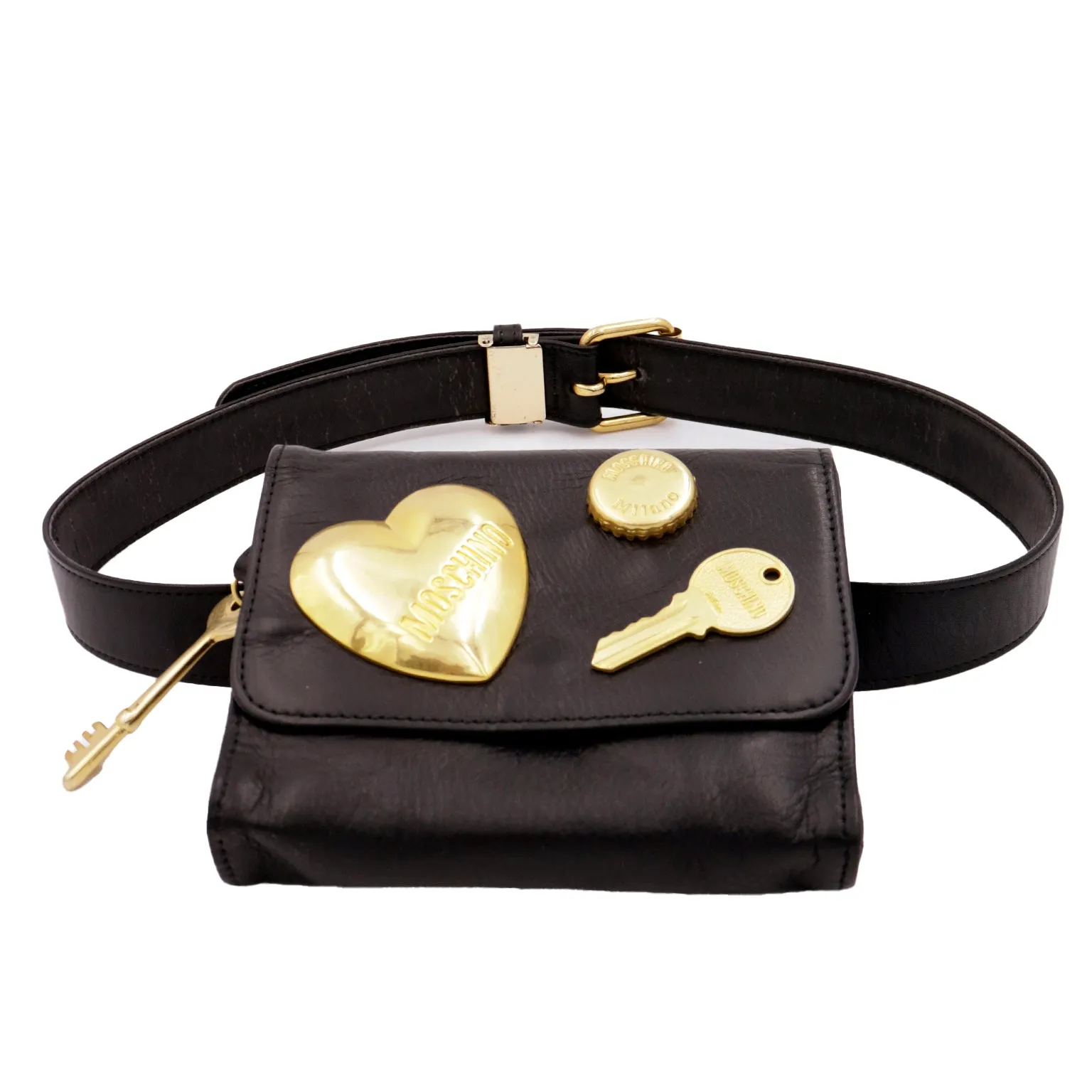 Vintage 1990s Moschino Black Belt Bag W Gold Keys Bottle Cap & Heart