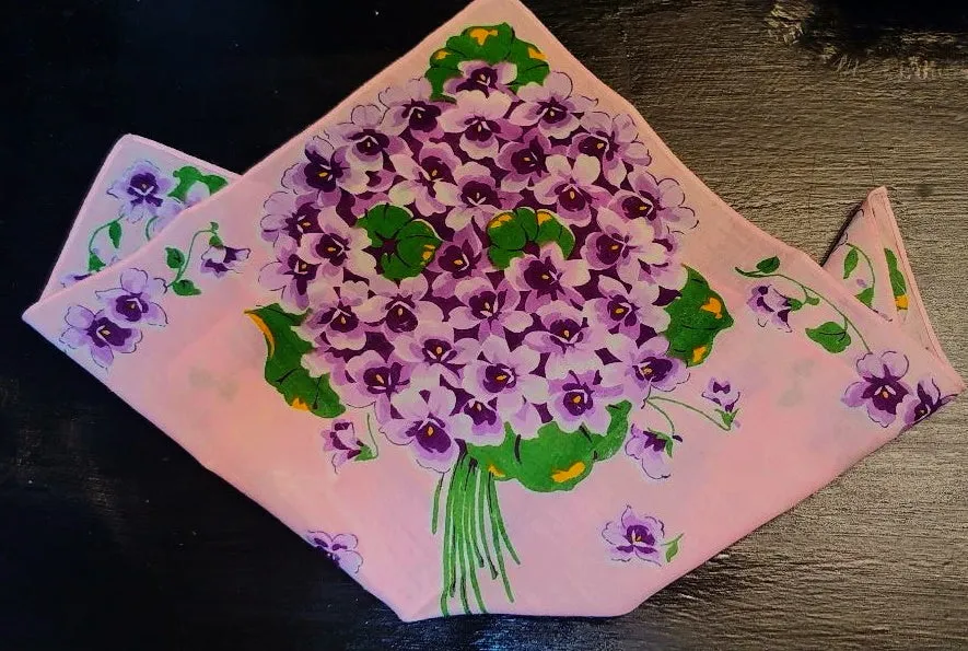 *VINTAGE BOUQUET OF VIOLETS  ON PINK HANDKERCHIEF - SO DAINTY & FEMININE!