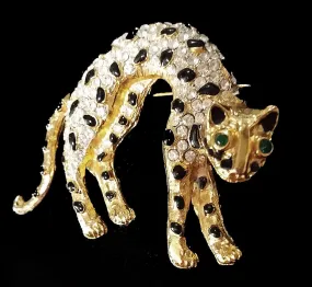 *VINTAGE CRYSTAL RHINESTONE & ENAMEL LEOPARD PIN ACCENTED WITH GREEN EYES