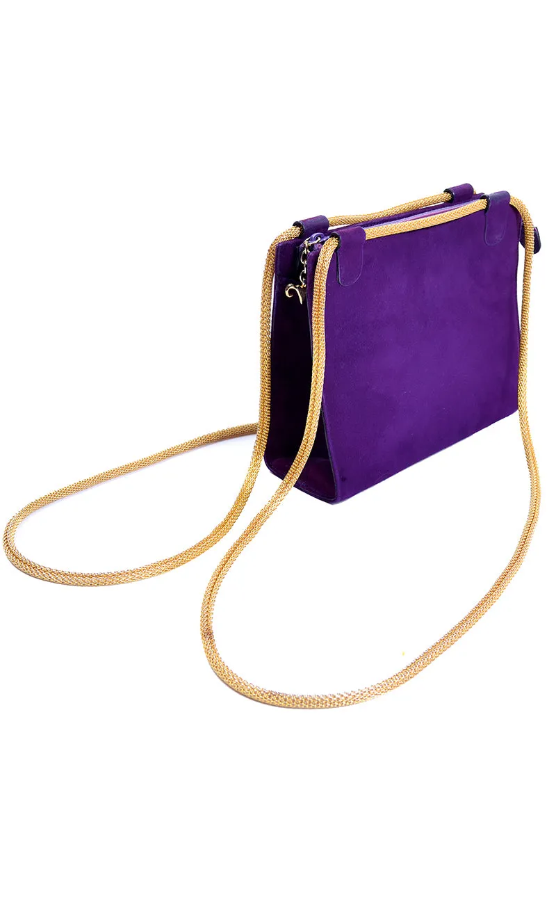 Vintage Walter Steiger Handbag Purple Suede Shoulder Bag w Gold Snake Chain