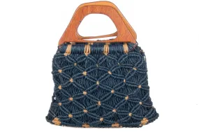 Vintage Wooden Handled Woven Handbag Blue and Cream