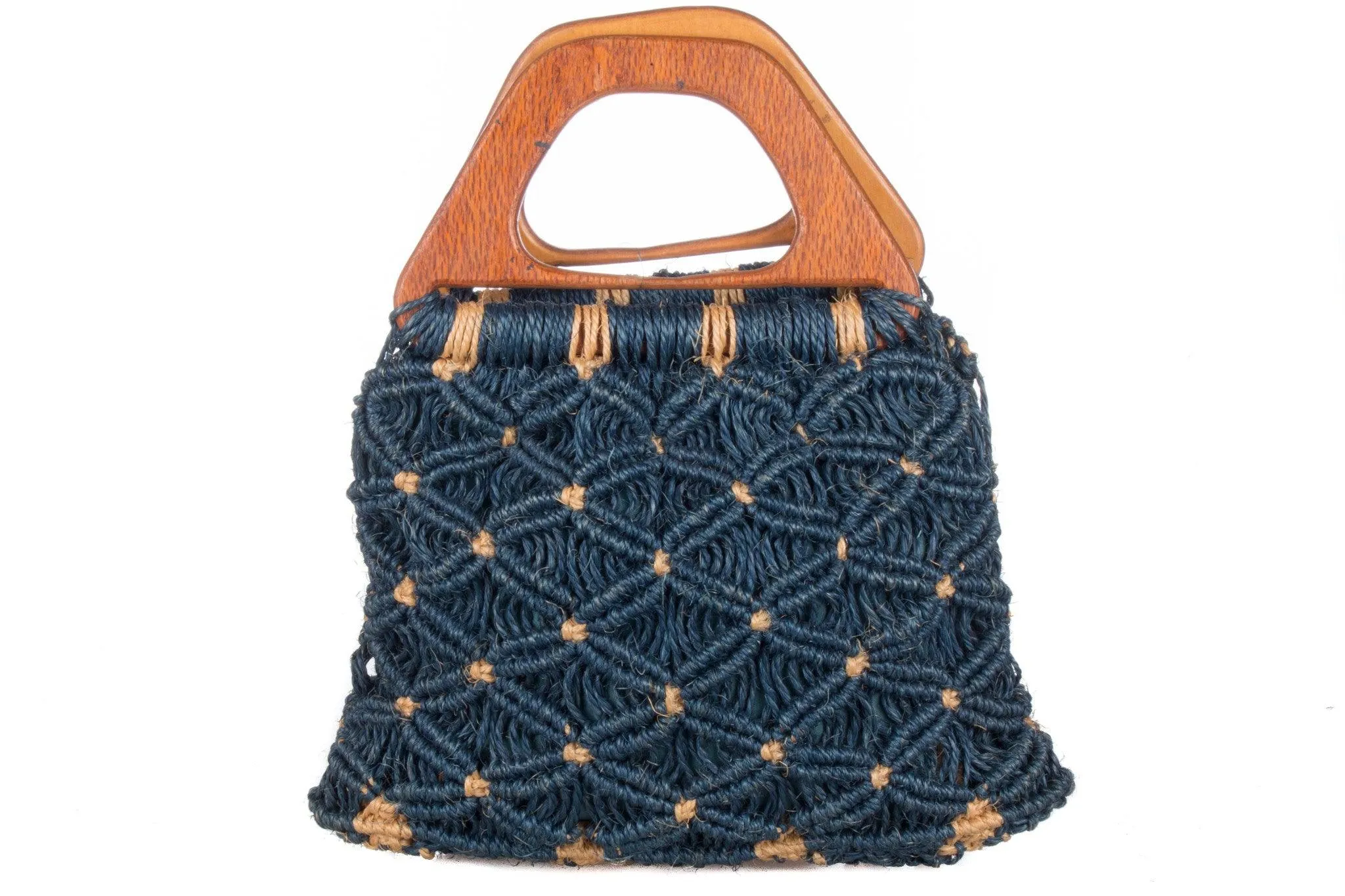 Vintage Wooden Handled Woven Handbag Blue and Cream